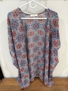 Rokoko Blue and Orange Medallion Print Open Kimono